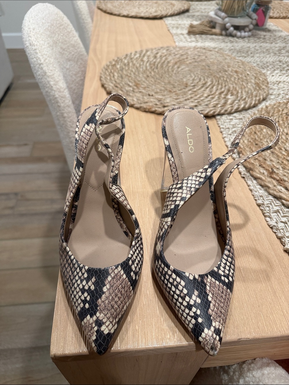 Aldo Snake-Print Pointed Slingback Pumps in Beige and Black